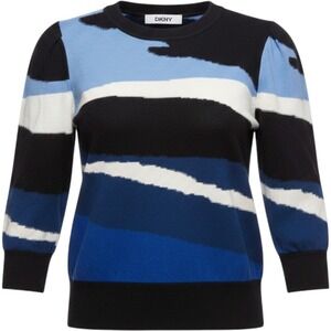 DKNY Womens XS Blue Black White Abstract Striped Crewneck Knit Sweater Pullover